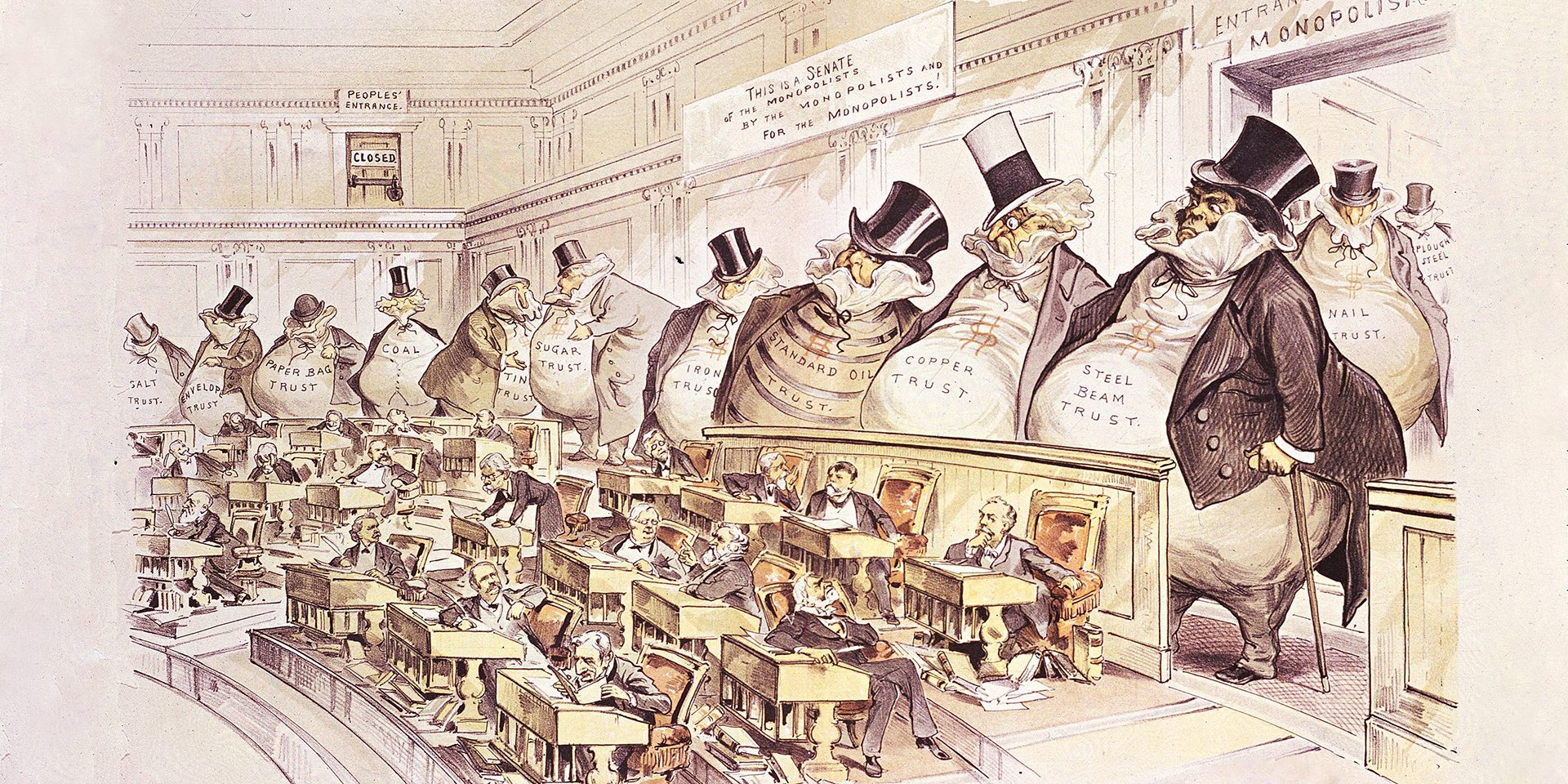 Ausführende Organe: Die Bosse der US-Senatoren waren nicht die Wähler, sondern die „Räuberbarone“. So sah es zumindest ein Cartoonist im Jahr 1889. CARTOON: JOSEPH-KEPPLER/PUBLIC DOMAIN