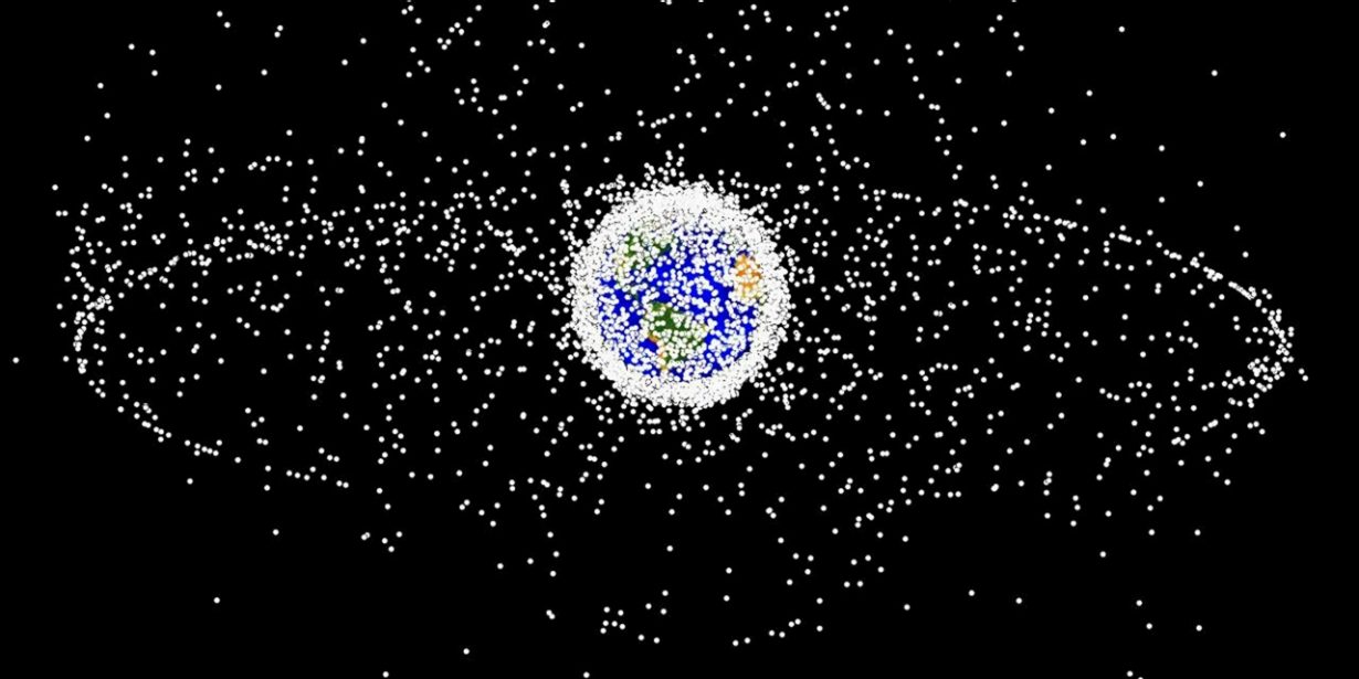 Die Erde mit einer Darstellung der Satelliten um Sie herum