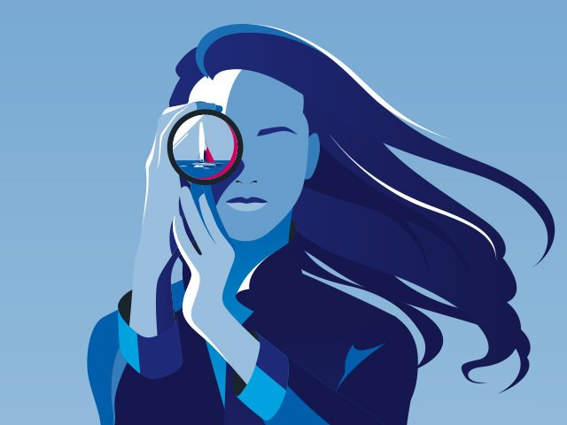 Das Bild ist ein Teaserbild für den Börsenpodcast der Deutschen Bank „PERSPEKTIVEN To Go“. Es zeigt eine stilisierte Illustration einer Person, die durch ein Fernglas schaut. 