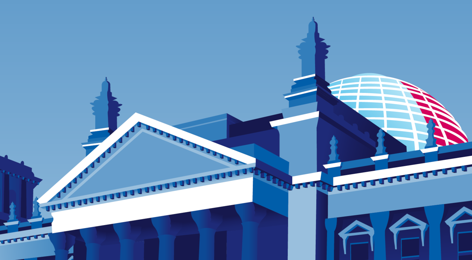 Illustration: Teilansicht des Reichstagsgebäudes in Berlin. 