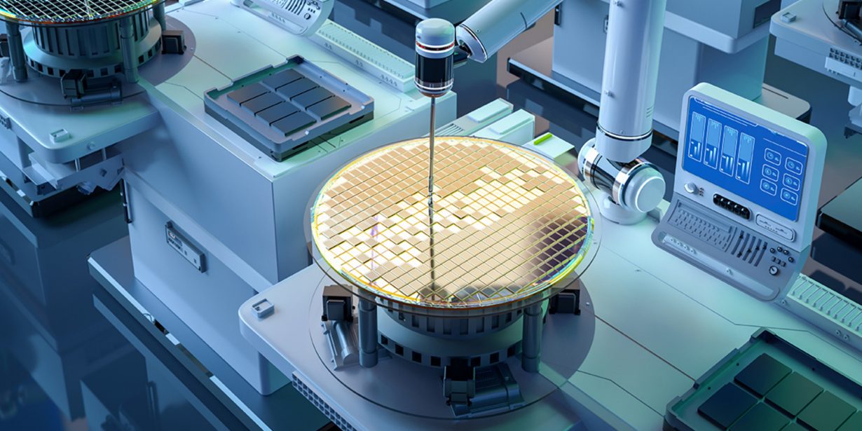 Halbleiterfertigung in einer sterilen Umgebung mit Roboterarm und Siliziumwafer.