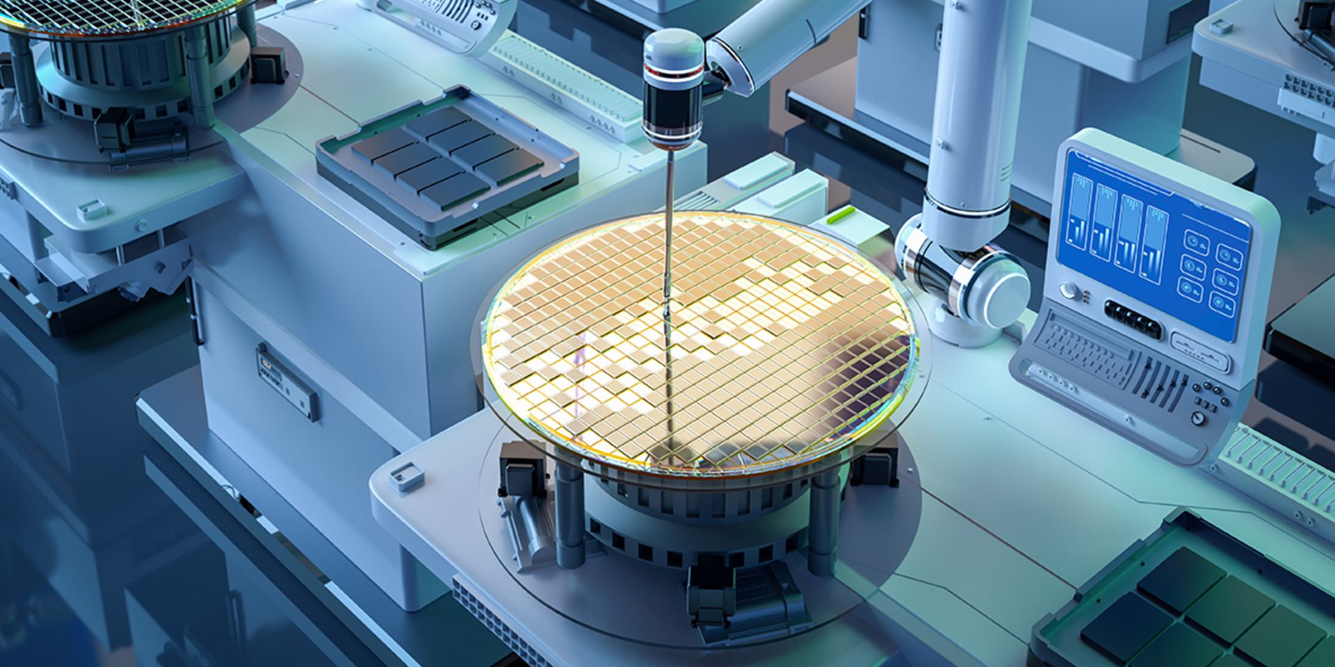 Halbleiterfertigung in einer sterilen Umgebung mit Roboterarm und Siliziumwafer.