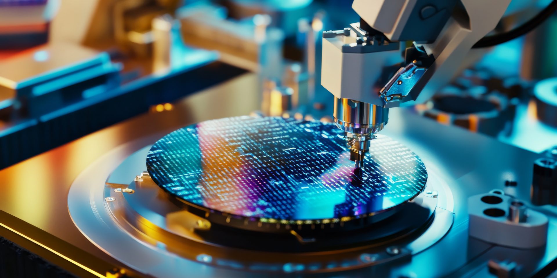 Ein Roboterarm in einer Halbleiterfabrik, der mit KI-Präzision Wafer-Testgeräte für die Herstellung leistungsstarker Chips montiert – im Stil moderner Halbleitertechnologie.