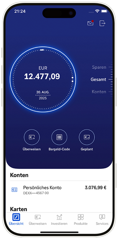 Ansicht der Finanzübersicht in der App, im Fokus die interaktive Darstellung (Watch genannt)
