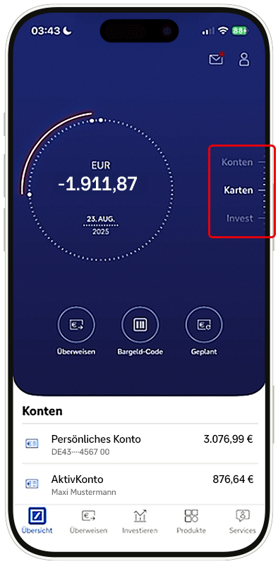 Ansicht der Finanzübersicht in der App, im Fokus das Produktkarussell auf der rechten Seite