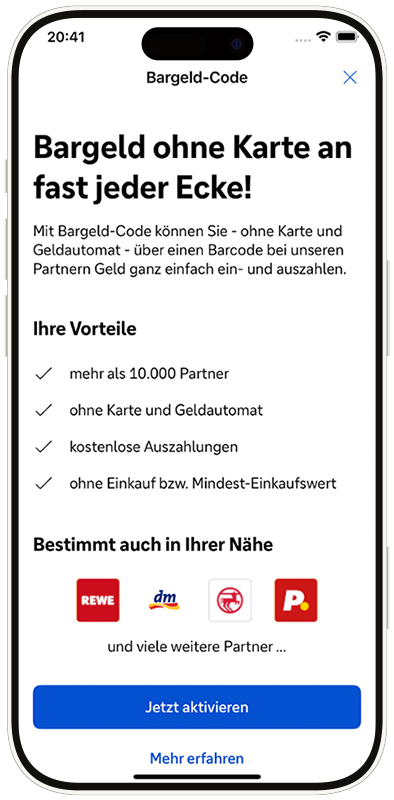 Ansicht der Bargeld-Code-Funktion in der App vor der Aktivierung