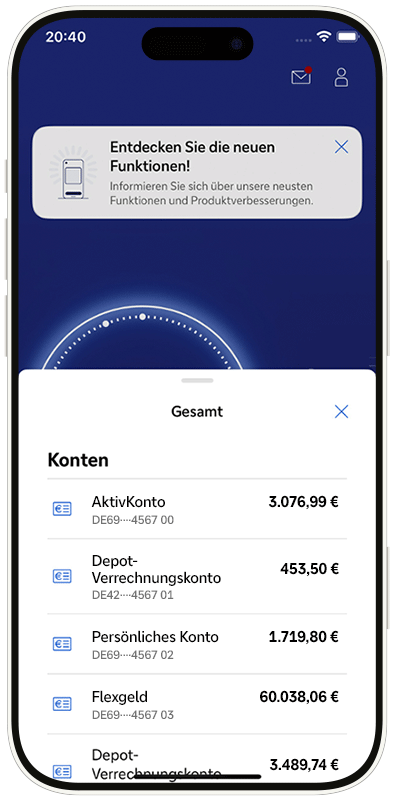 Ansicht der Kontenübersicht mit dem Angebot neue Funktionen und Produktverbesserungen kennenzulernen