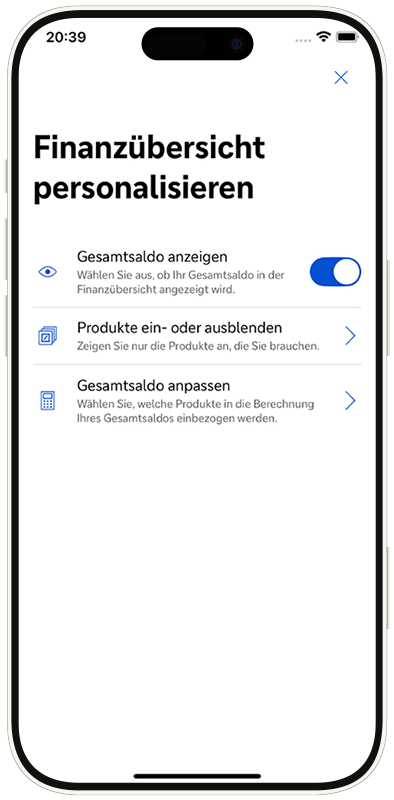 Ansicht der Personalisierungsfunktion für die Finanzübersicht in der App