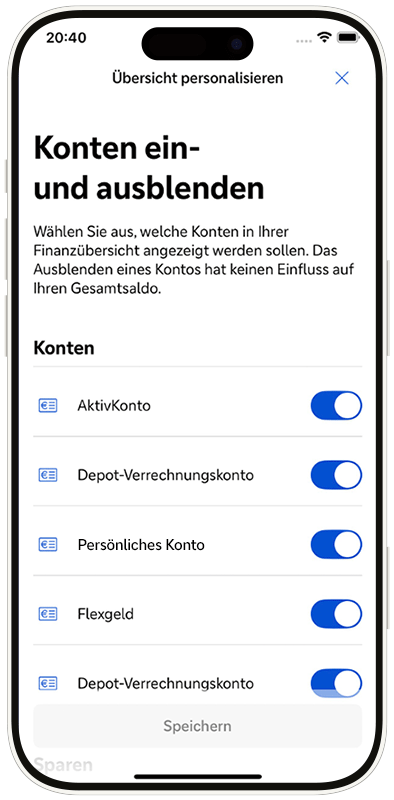 Ansicht der Möglichkeit, die Konten in der Finanzübersicht ein- und auszublenden