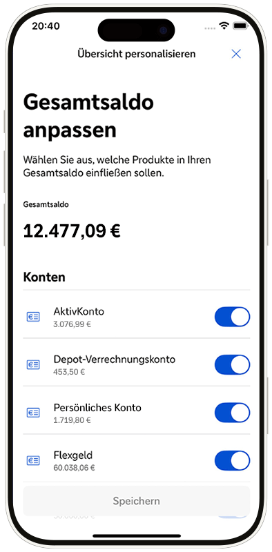 Ansicht der Möglichkeit, das Gesamtsaldo in der Finanzübersicht durch Ausblenden von Konten oder Depots auf die persönlichen Bedarfe anzupassen