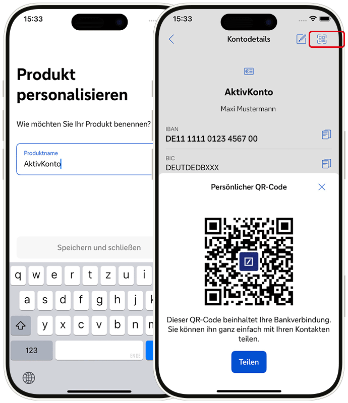 Personalisierungsansicht für ein Konto. Bspw. kann für ein Konto ein QR-Konto erstellt werden