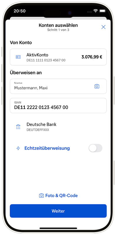 Ansicht Eingabe des Überweisungsziels 