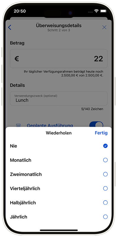 Ansicht der Option, eine Serienüberweisung einzustellen