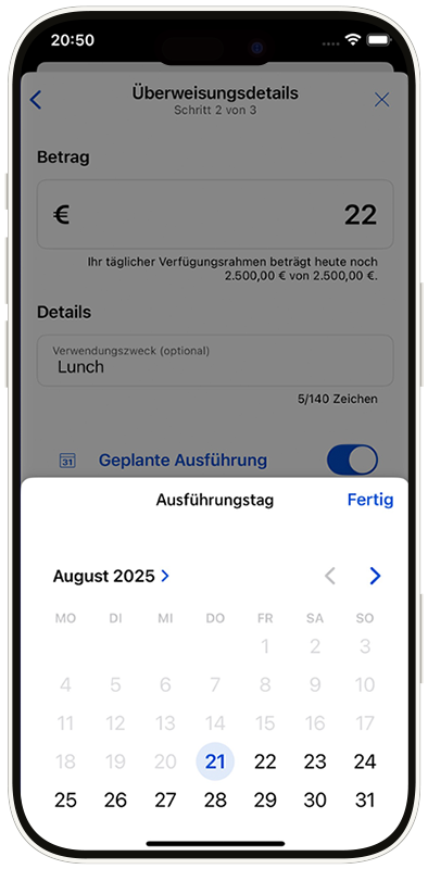 Ansicht Terminierung der Überweisung