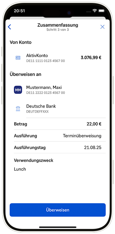 Ansicht der Detailübersicht vor Überweisungsausführung