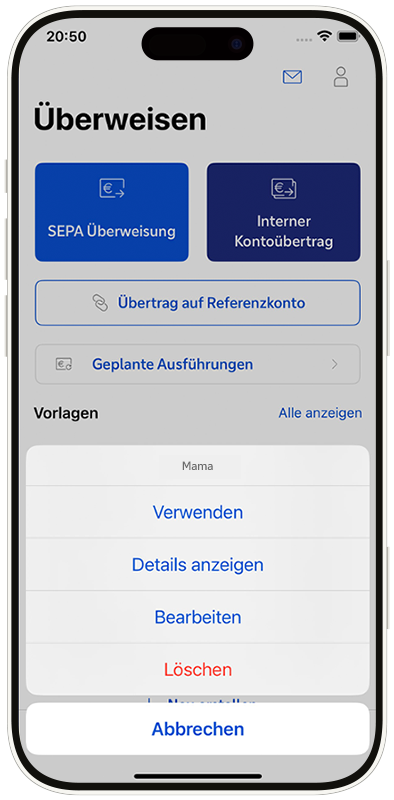Ansicht Anpassung bestehender Überweisungsvorlagen