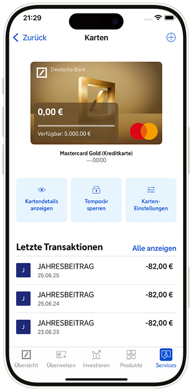Ansicht der Karten in der App am Beispiel einer Mastercard Gold (Kreditkarte)