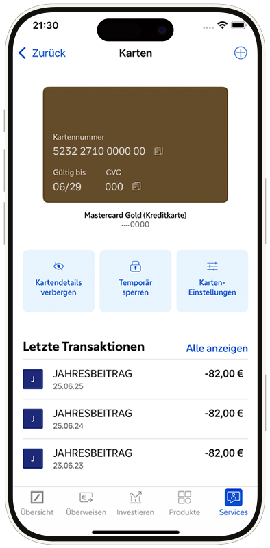 Ansicht der Karten in der App am Beispiel einer Mastercard Gold (Kreditkarte), mit Kartennummer, Gültigkeit, CVC