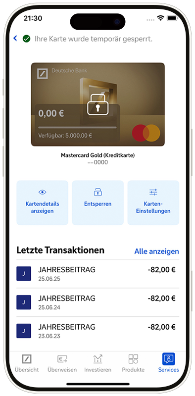 Ansicht der Karten in der App am Beispiel einer Mastercard Gold (Kreditkarte) nach Sperrung