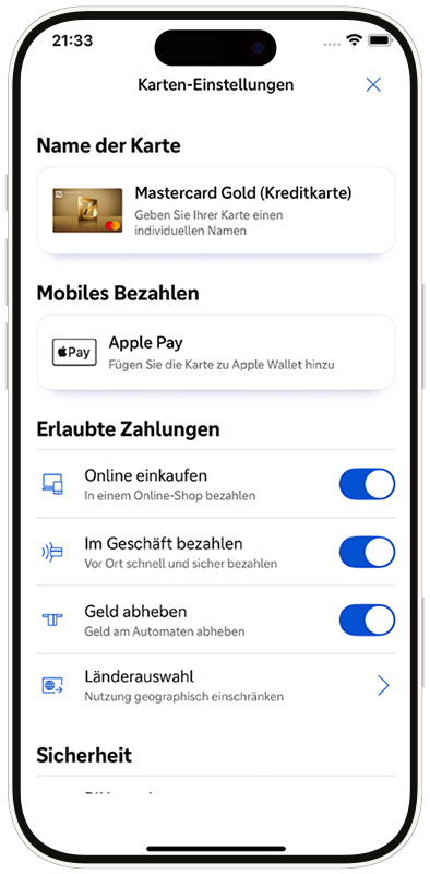 Ansicht der Karteneinstellungen in der App am Beispiel einer Mastercard Gold (Kreditkarte)