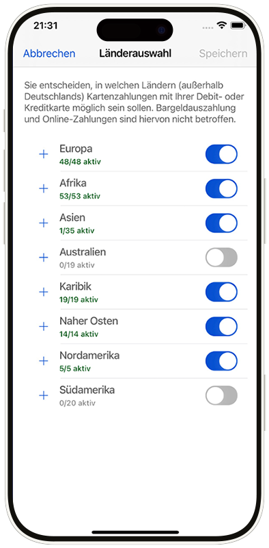 Ansicht der Länderauswahl für Karten in der App