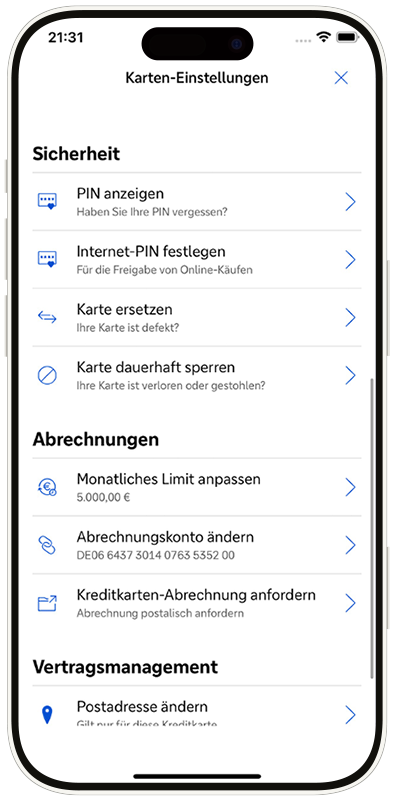 Ansicht der Sicherheitsoptionen in den Karten-Einstellungen