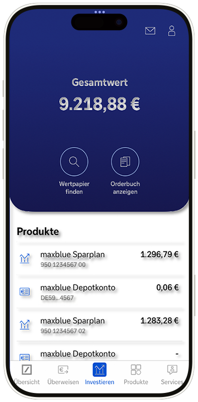 Übersicht der Anlageprodukte wie maxblue Sparplan oder maxblue Depot