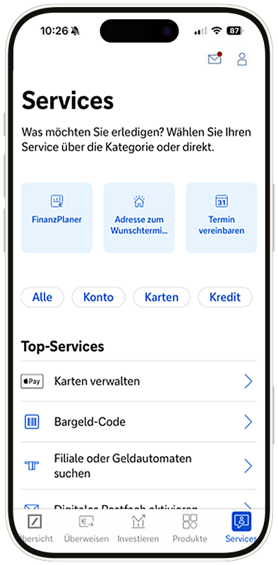 Ansicht des Service-Shops in der App mit Filterfunktion nach Themen (Konto, Karten, Kredit), Kontaktwegen und eine Übersicht der Top-Services (wie Bargeld-Code und Karten verwalten)