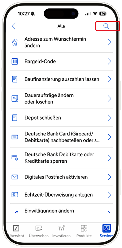 Ansicht der Service-Liste, über die in den Services nach einer bestimmten Funktion gesucht werden kann