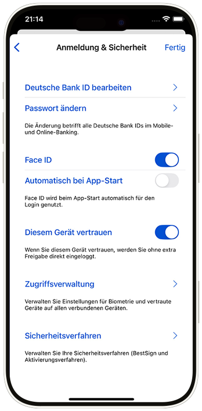 Sicherheits- und Anmelde-Optionen in der App