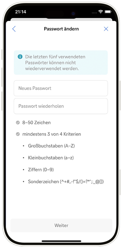 Passwortänderung in der App