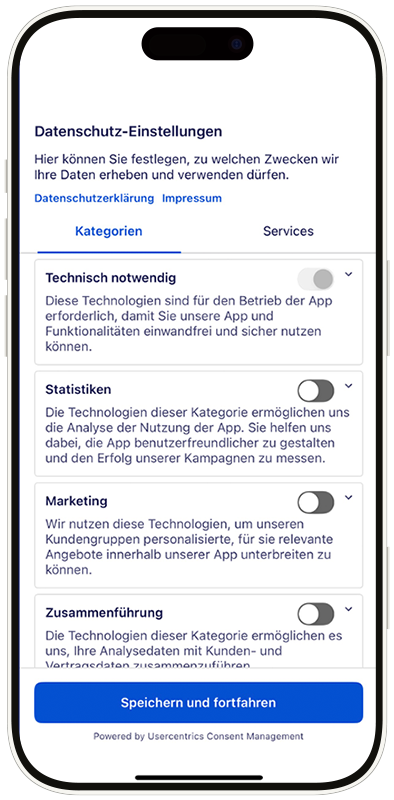Datenschutzeinstellung, aswahl, zu welchen Zwecken Daten erhoben werden dürfen