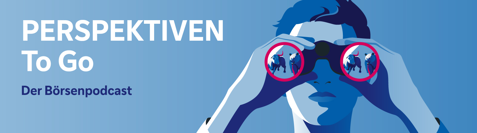 Das Bild ist ein Teaserbild für den Börsenpodcast der Deutschen Bank „PERSPEKTIVEN To Go“. Es zeigt eine stilisierte Illustration einer Person, die durch ein Fernglas schaut. 