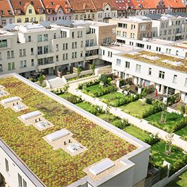 Getty Images/Whitedesk Weiß gestrichene Wohnanlage mit begrünten Dächern