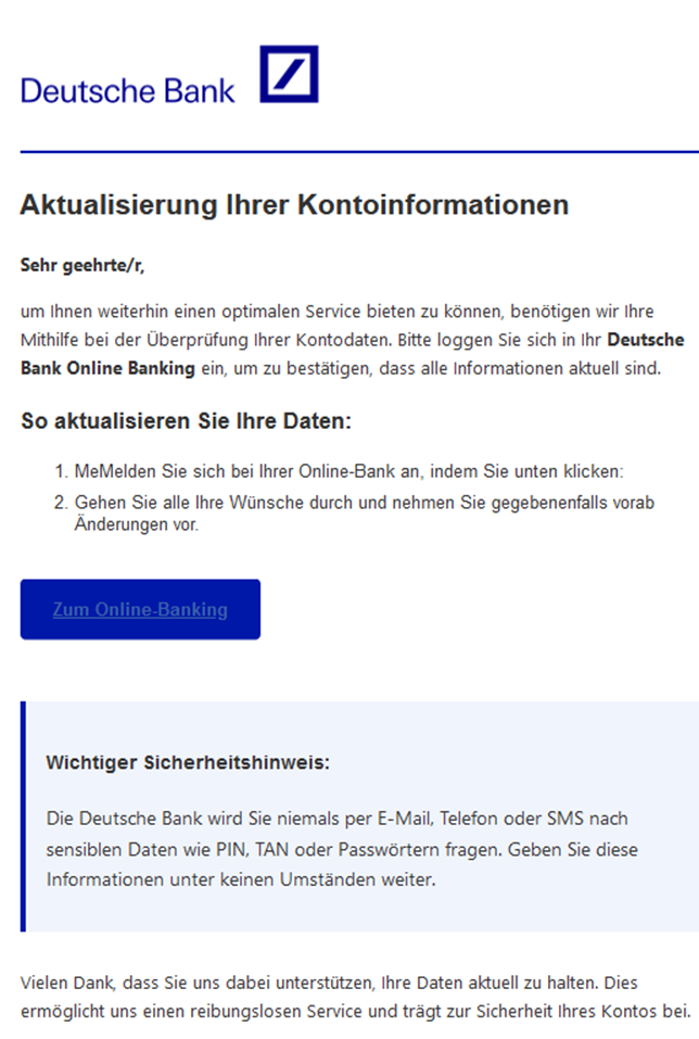 Screenshot Phishing E-Mail Kontoinformationen