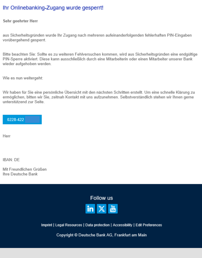Screenshot Phishing E-Mail "Online-Banking gesperrt"