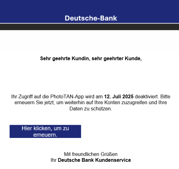 Screenshot Phishing E-Mail "Erneuern Sie Ihren photoTAN Zugang"