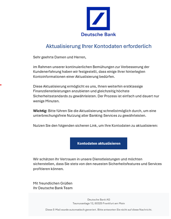 Screenshot Phishing E-Mail "Aktualisierung Ihrer Kontodaten erforderlich"