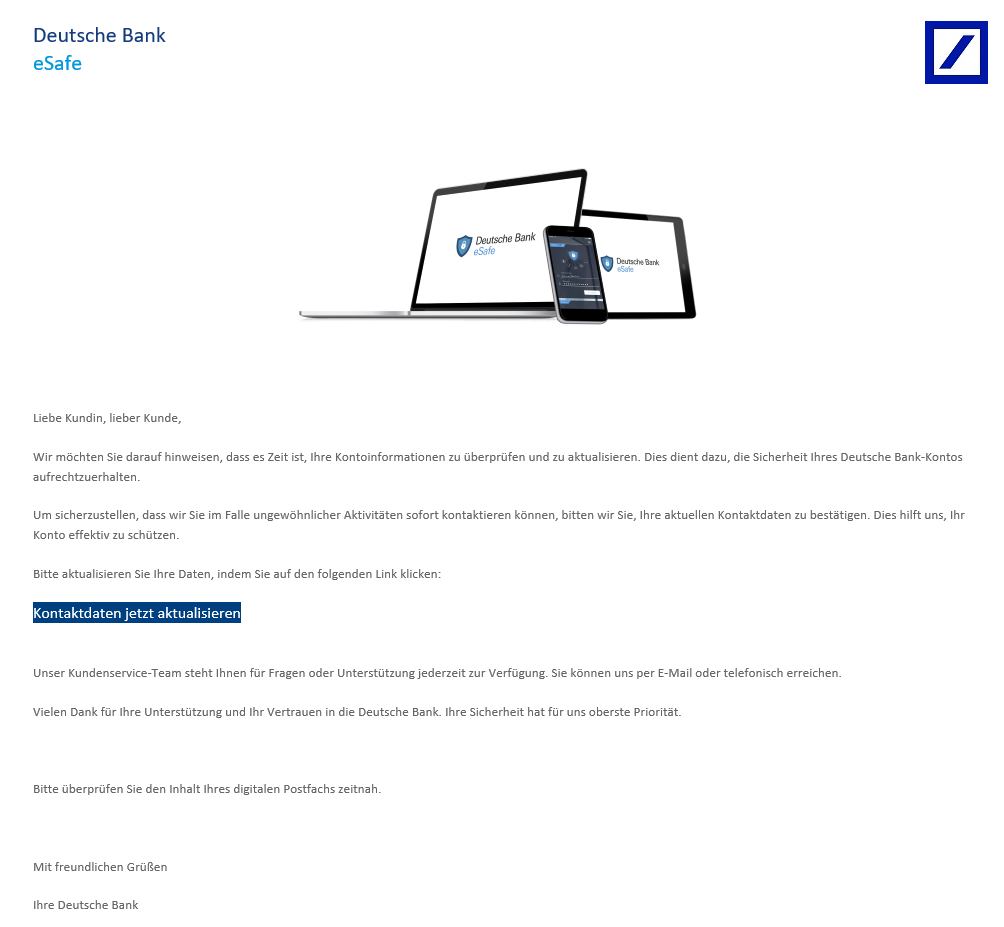 Screenshot Phishing E-Mail "Aufforderung zur Aktualisierung Ihrer Kontaktdaten"