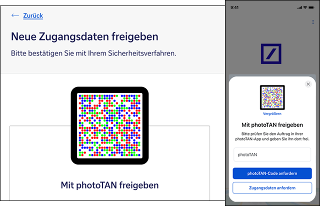 Zu sehen ist eine Beispielansicht des photoTAN-Scans für mobil und für Desktop