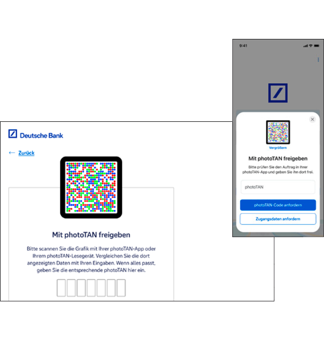 Zu sehen ist eine Beispielansicht des photoTAN-Scans für mobil und für Desktop
