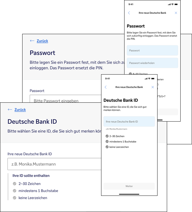 Zu sehen ist der Einrichtungsassistent, der Sie Schritt für Schritt durch die Anwendung führt (mobile und für Desktop)