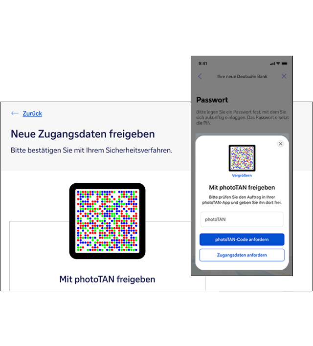 Zu sehen ist eine Beispielansicht des photoTAN-Scans für mobil und für Desktop