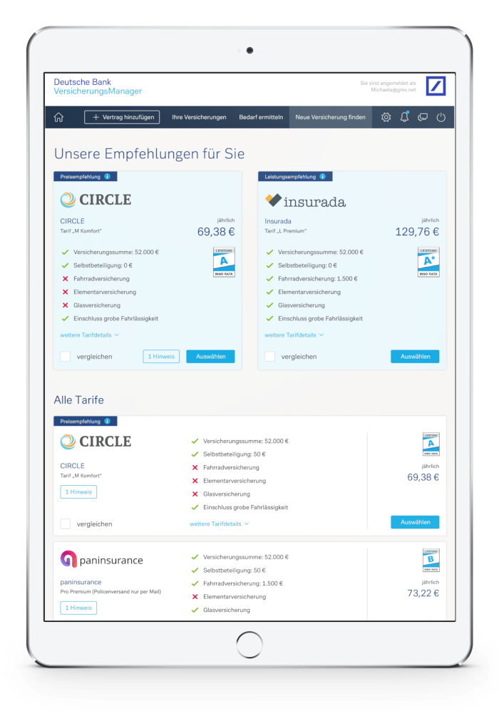 Unsere Empfehlung. Visualisierung einer beispielhaften Ergebnisdarstellung im Versicherungsmanager